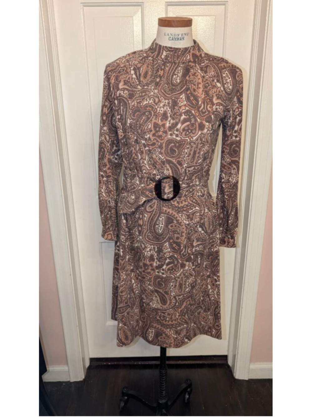 Women's I. Magnin Petite Long Sleeve Paisley Dress in Brown and Orange